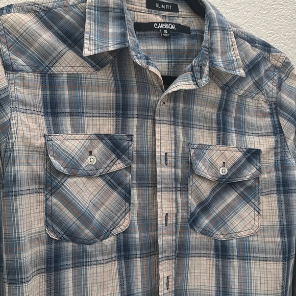 Carbon Slim Fit Long Sleeve Blue Beige Plaid Shirt Men’s Size S - Picture 2 of 5